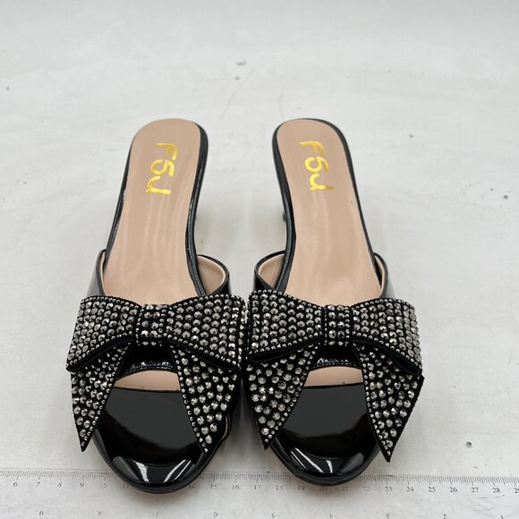 FSJ Black Low Heel Rhinestone Bow Mule Sandals Peep Toe Crystal Slipper - Picture 3 of 8